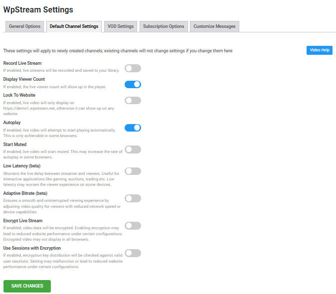 WpStream Settings, Default Channel Settings tab